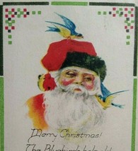 Christmas Postcard Santa With Bluebird On Hat Original Vintage Lewiston Maine - £16.54 GBP