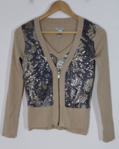 Vtg Y2K Cache XS Beige Brown 2-Piece Snake Sequin Shell Cardigan Sweater Set - £22.25 GBP