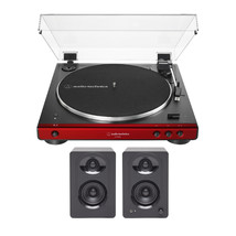 Audio Technica AT-LP60XBT Bluetooth Turntable Red with Bookshelf Speakers - $376.99