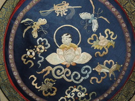 Antique Chinese Silk Embroidery 15&quot; Panel Tapestry round boy lotus drago... - $179.99