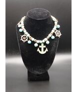 Vtg Nautical Beaded Charm Station Necklace Anchor Ship Wheel Teal &amp; Whit... - $27.99 CAD