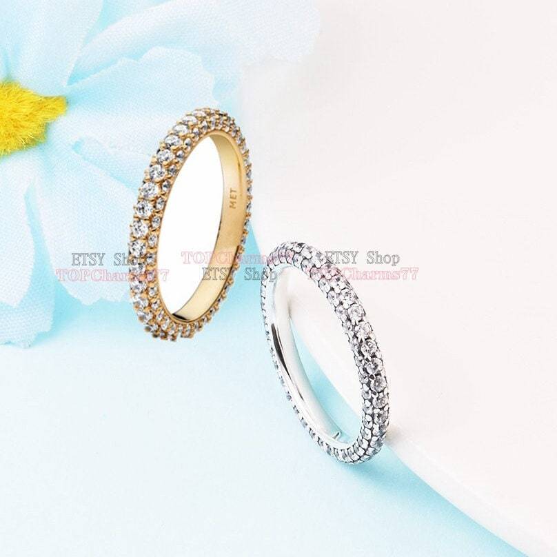 2023 Woman 925 Sterling Silver and 14k Gold-plated Timeless Pave Single-row Ring
