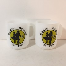 Two Milk Glass Mugs Square Dancing Is Fun Mug Coffee Cup Black Green VTG - £25.23 GBP