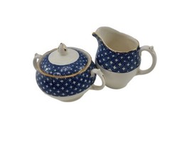 Staffordshire Royal Swan Creamer &amp; Sugar Bowl Blue Pottery 22kt Gold Dec... - £34.99 GBP