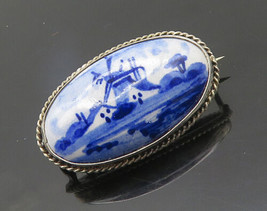 HOLLAND 925 Sterling Silver - Vintage Enamel Windmill Scene Brooch Pin - BP7497 - £24.07 GBP