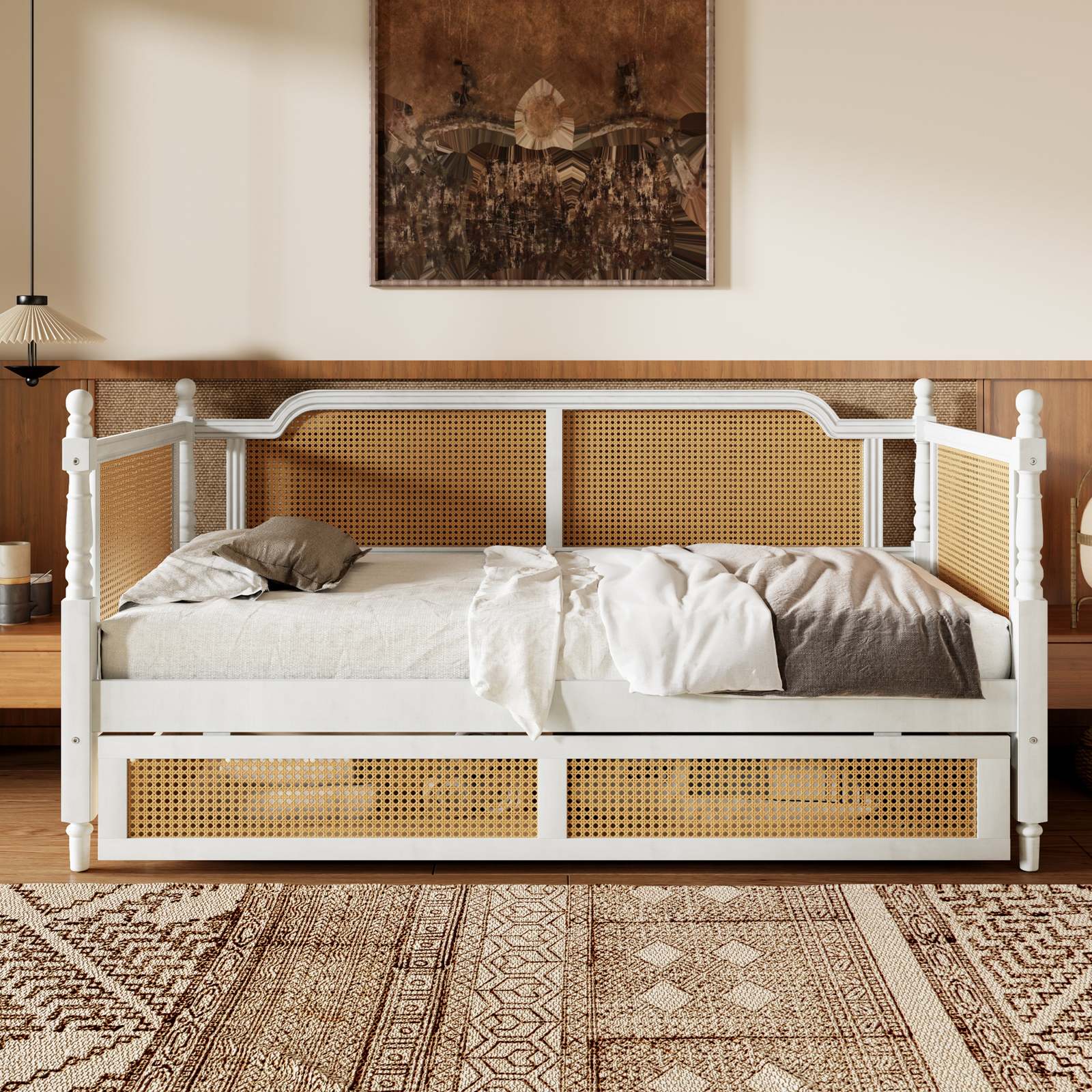 Rattan Twin Daybed with Drawers, Antique White Solid Pine Wood Item image 4