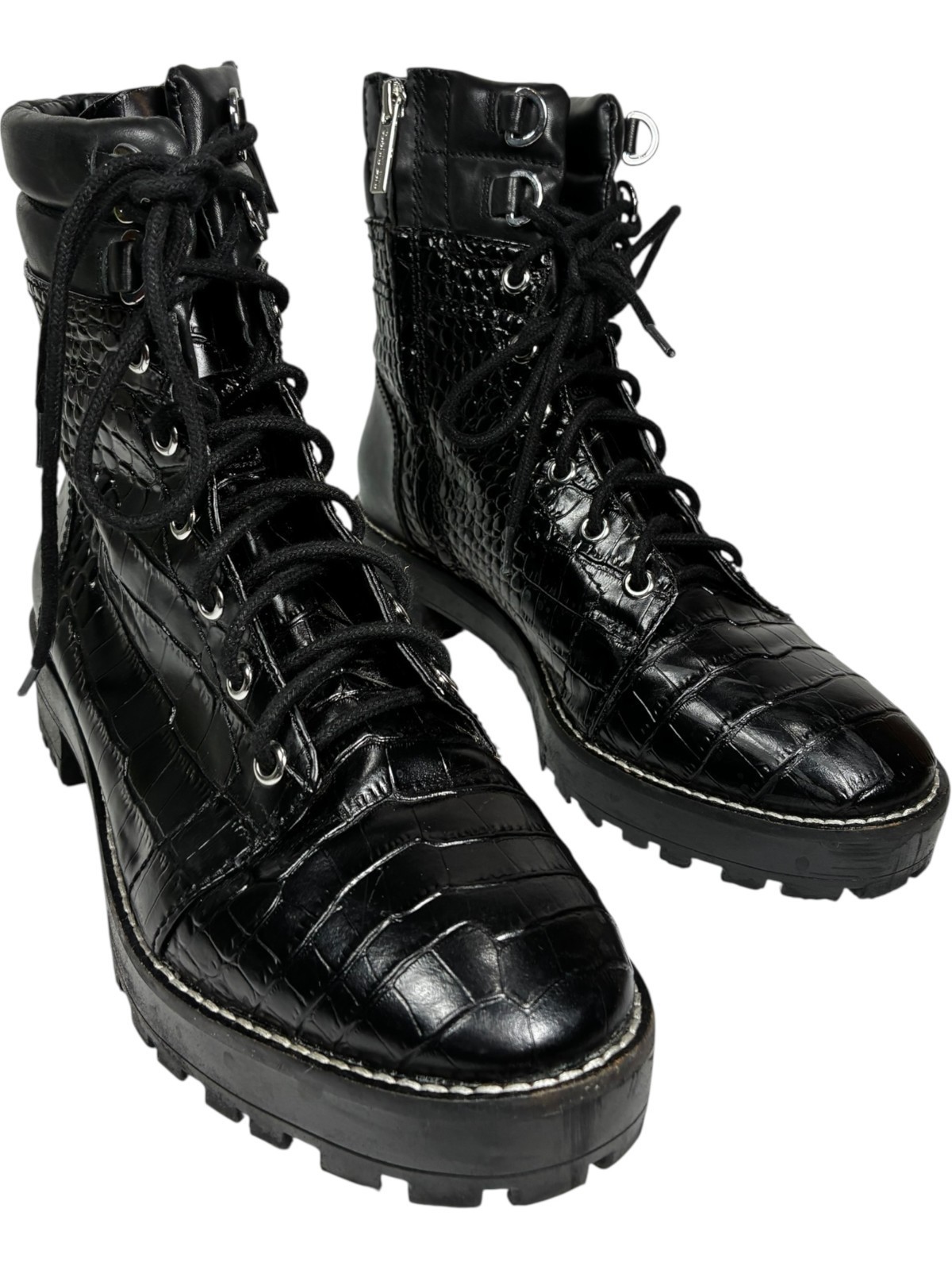 Gianni Bini women's Croc Embossed Black Leather Zip Lace-up Combat Boots size 8M Item image 3