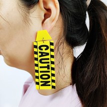KUGUYS CAUTION Card Long Drop Earrings for Women HipHop Rock Punk Jewelry Access - £7.80 GBP