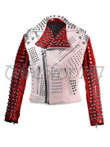 New Mens Victor Luna Star Tech White Red Silver Spiked Studded Leather Jacket - £182.25 GBP