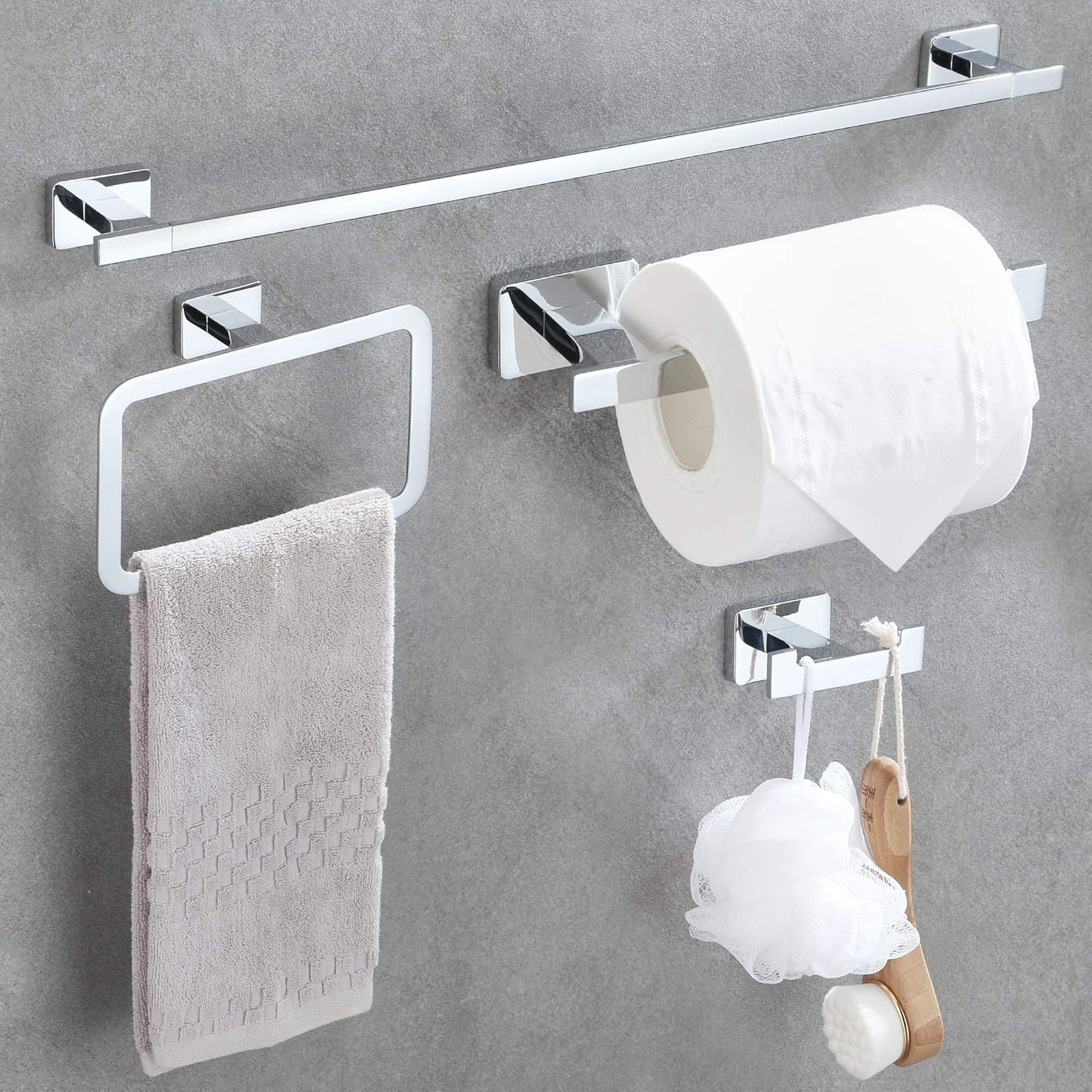 Geruike 4 Piece Bathroom Hardware Accessories Set,Chrome, Robe Towel Hook - $39.96