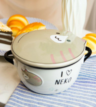 Pack Of 2 Brown Maneki Neko Lucky Cat Porcelain Kids Food Bowls W/ Lid 25Oz - £24.24 GBP