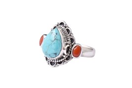 925 Sterling Silver Hallmark Genuine Turquoise Coral Handmade Ring Gift Item - £42.55 GBP