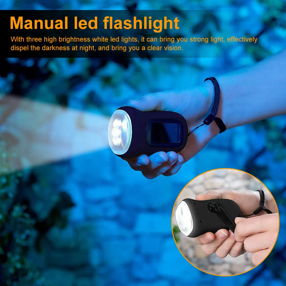 LED Solar Hand Crank Flashlight Outdoor Camping Lamp Work Light Hand Pressing - £10.92 GBP