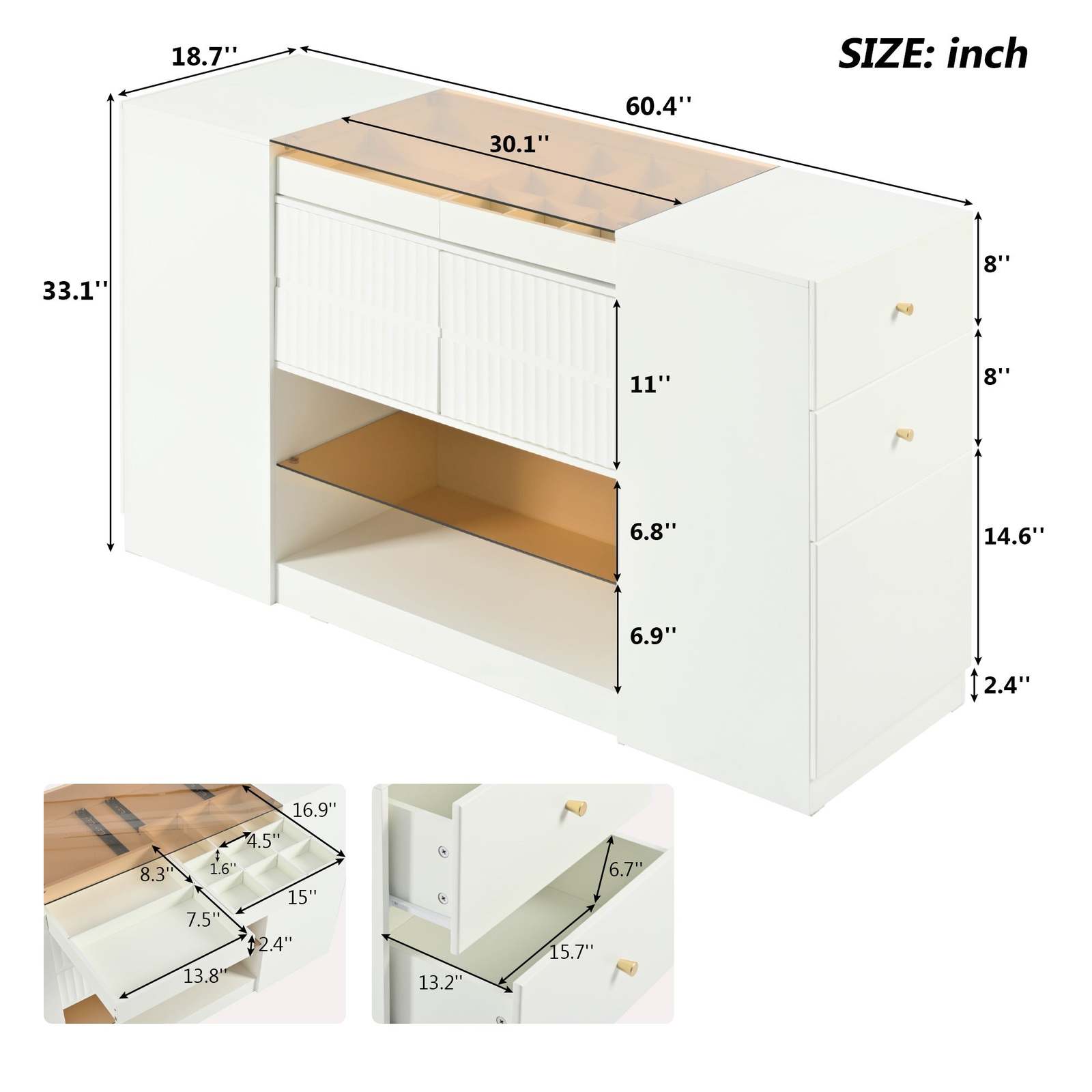 Modern Luxury Island Vanity Dresser Storage Cabinet Glass Top 6 Drawers Item image 3