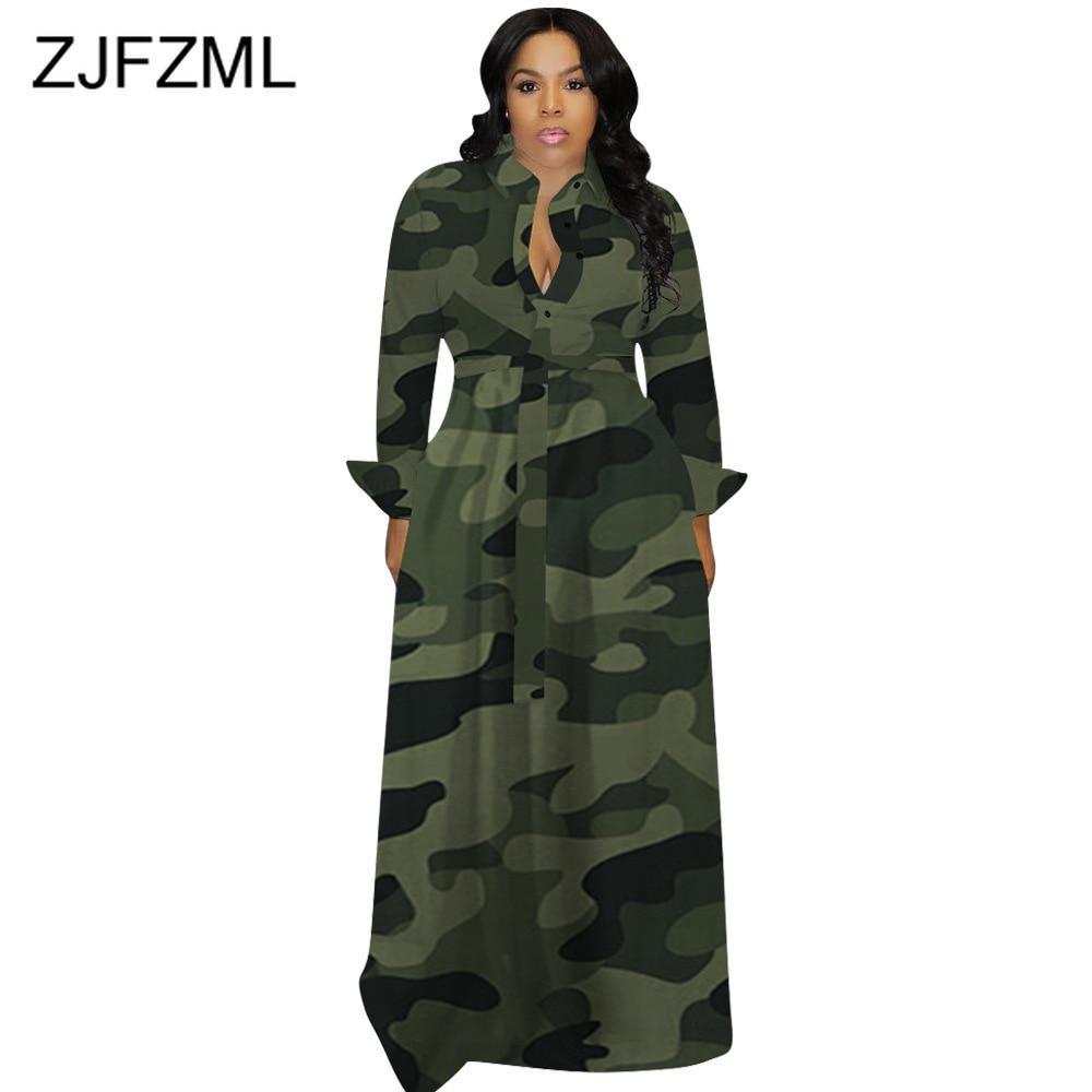 Fall Winter Long Sleeve Camouflage Maxi Dress