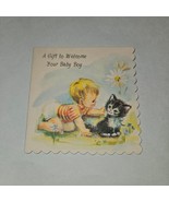 VTG New Baby Boy Greeting Card Welcome Gift Kitten Cat Scalloped 3x3 NEV... - $9.85