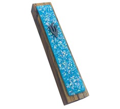 Sparkling Opal Blue Crushed Jewels Glass on Teak Mezuzah - $54.00