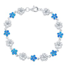 Alternating Linked Blue Inlay Opal and Silver Flowers Bracelet - £105.39 GBP