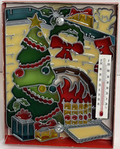 VTG STAIN GLASS CHRISTMAS TREE PRESENTS HOLIDAY WINDOW THERMOMETER SUCTI... - $11.29