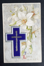 Lord is Risen Easter Lilies Purple Cross Postcard c1910s Winsch Back Textured - £11.83 GBP