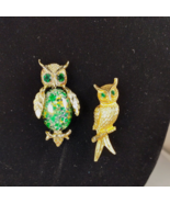 Owl Pins Gold Green Jelly Belly Eyes 2 Pins Costume Jewelry Great Horned... - $14.95