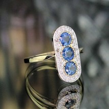 3CT Simulated Blue Sapphire 3-Stone Vintage Art Deco Ring 14K Gold Plate... - $107.51