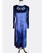 Vintage April Cornell Crushed Velvet Blue Long Sleeve Dress Small Embroi... - $28.29