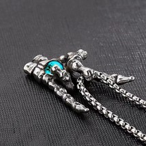 Silver Blue CZ Skull Rock On Hand Pendent Necklace Punk Retro Jewelry Chain 24&quot; - £13.32 GBP