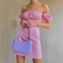 Lace Up Elastic Plaid Pink Dress Vintage Short Mini Dress - £9.43 GBP