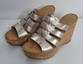 BORN Womens Silver Leather Slides Sandals Sz 9 Cork Wedge Slip On Lovell... - £21.25 GBP