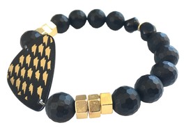 Electric Picks Gold Glimmer Thunder Bolt and Nuts Hardware Black Onyx Bracelet - $26.24