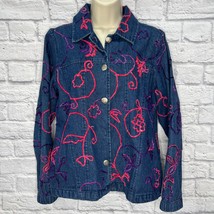 Vintage Choices Denim Jean Jacket Size M Pink Floral Embroidered Textured  - £23.31 GBP