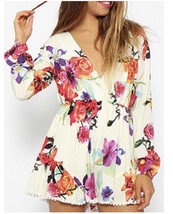 Choies Floral Long Sleeve Shorts Romper Vacation Beach Tropical See Meas... - $14.25