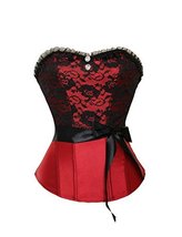 Red Satin Black Net Gothic Halloween Corset Costume Burlesque Bustier Overbust - £53.54 GBP