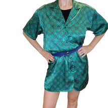 Vintage Satin Shirt Dress Mini Green Geometric Belted Size Medium - £29.03 GBP