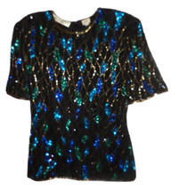 Vintage SCALA Women&#39;s Large Silk Blouse Top SS Beaded Sequined Party Holiday - £23.09 GBP