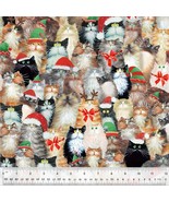 Cotton Meowy Christmas Christmas Cats Hats Bows Fabric Print by Yard D60... - $293.93 MXN
