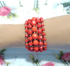 Multi Layered Red Faceted Beaded Adjustable Bracelet Stretch Beads - $20.00