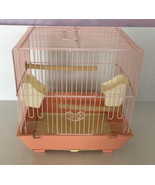 vintage Hoei pink bird cage metal and plastic with birch feeders cottage... - $69.25