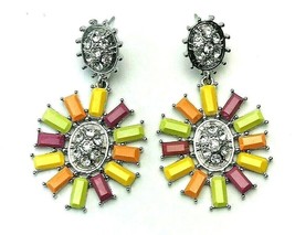 Vintage Colorful Acrylic Retro Pinwheel Rhinestone Dangle Drop Pierced Earrings - £12.52 GBP