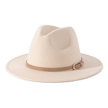 Women Classic Felt Fedora Wide Brim Hat With Belt Buckle A-Creamy - £42.28 GBP