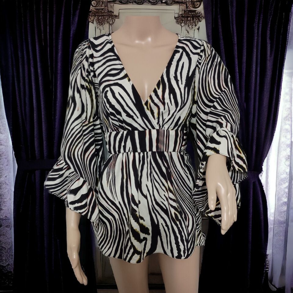 Primary image for Betsey Johnson Blouse Top M Peplum Bell Flutter Sleeve Kimono Tie Waist Zebra