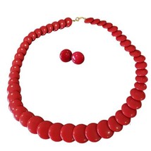 Vintage Crown Trifari Red Lucite Disc Necklace Earring Set Plastic 30&quot; 1... - £37.93 GBP