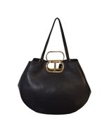 Twinset Milano shopper &#39;Lila&#39; Oval T handle Black Leather Tote Bag Gold ... - $347.26 CAD