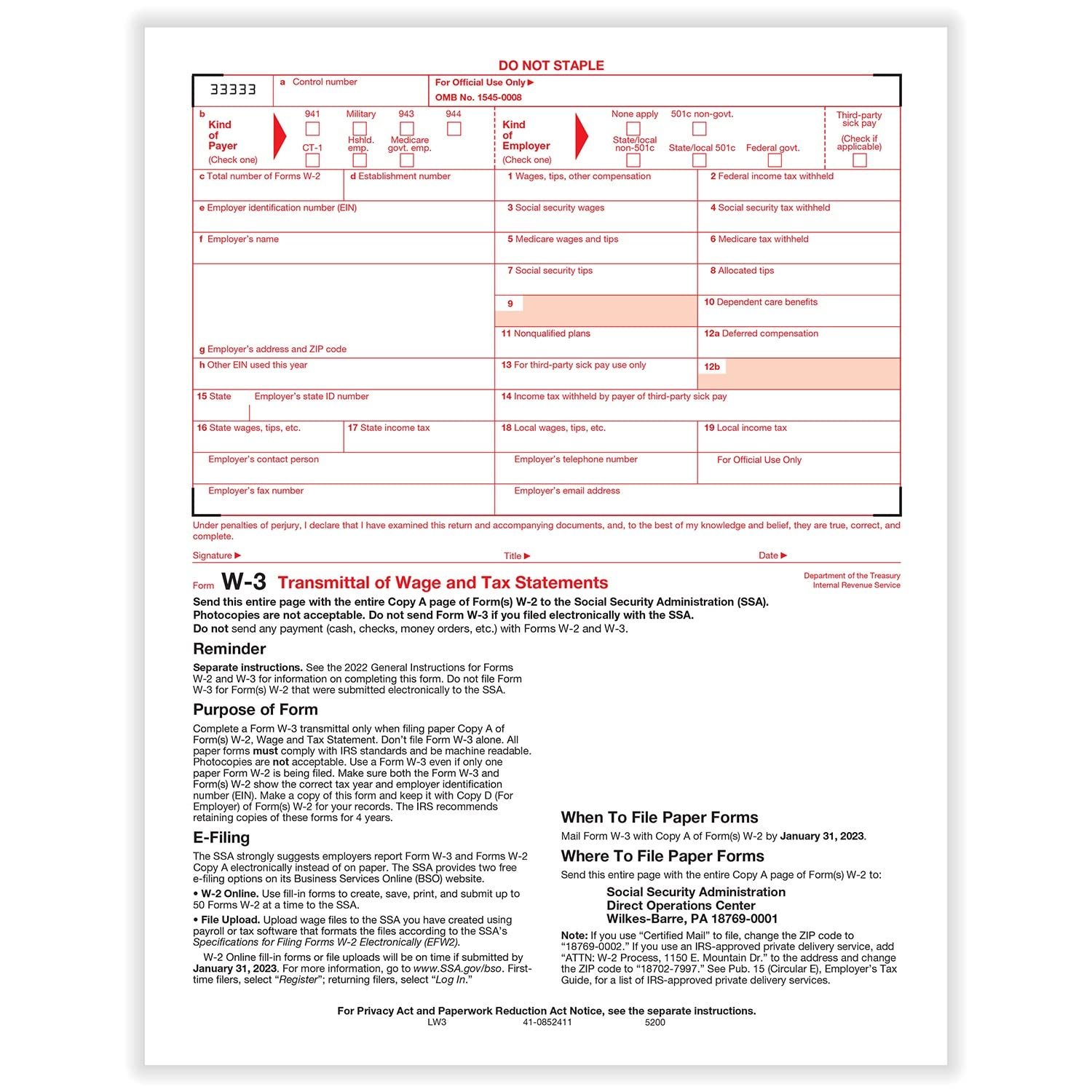 2023 Laser W-3 Transmittals Tax Forms, 25/Pk - $16.00