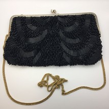 Vintage Handmade Hong Kong Black Silk Beaded Purse Prom Evening Bag Gold... - $34.99