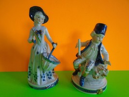 2 Blue and White Porcelain Colonial Figurines Man and Woman Great Cond S... - $24.99