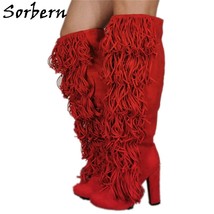 Luxury Tassel Knee High Boots Block Heels Women Shoes Long Red Boot Chunky Heels - £209.05 GBP
