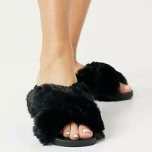 ASOS ~ Open Toe ~ Crossover ~ Slippers ~ Size Medium ~ Black ~ Faux Fur - £18.39 GBP