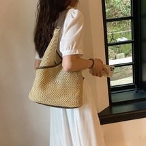 Summer Hand-Woven Handbags Fashion Handmade Simple PU Stitching Beach Bag Large  - £51.71 GBP